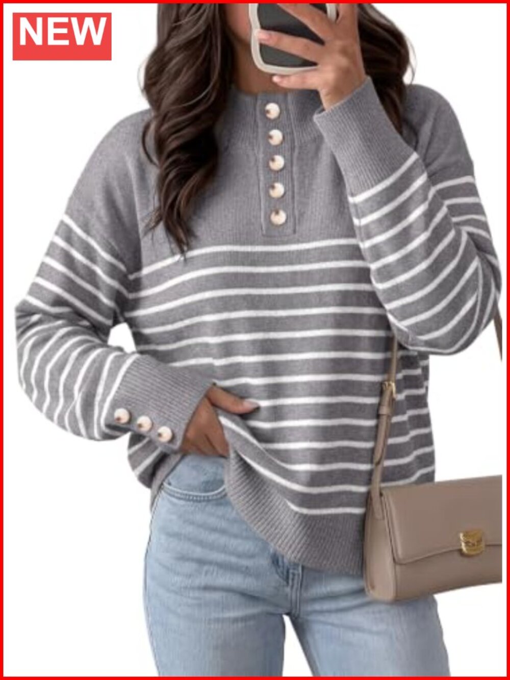 Women's Oversized Striped Half Button Sweater Pullover Long Sleeve Knit Top
